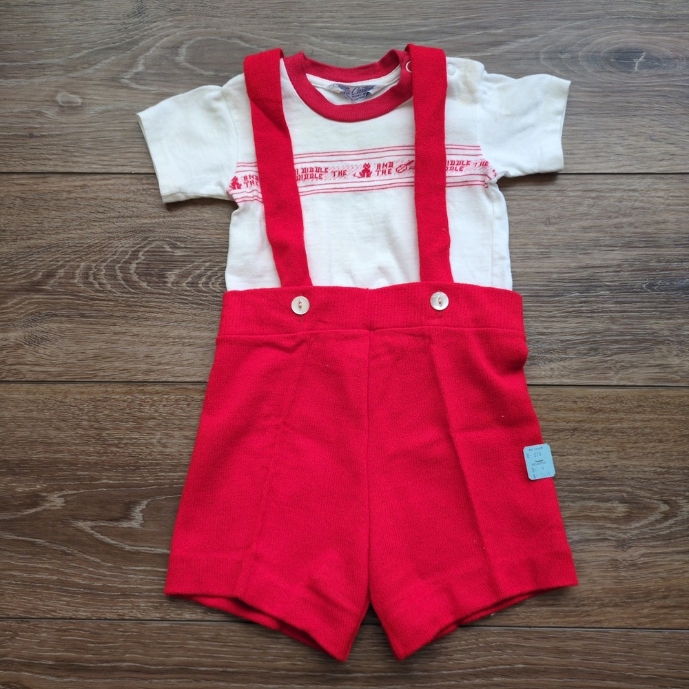 NOS Vtg 60s Red Overalls Romper + Carter's Nursery Rhyme Cat Shirt Infant Shorts